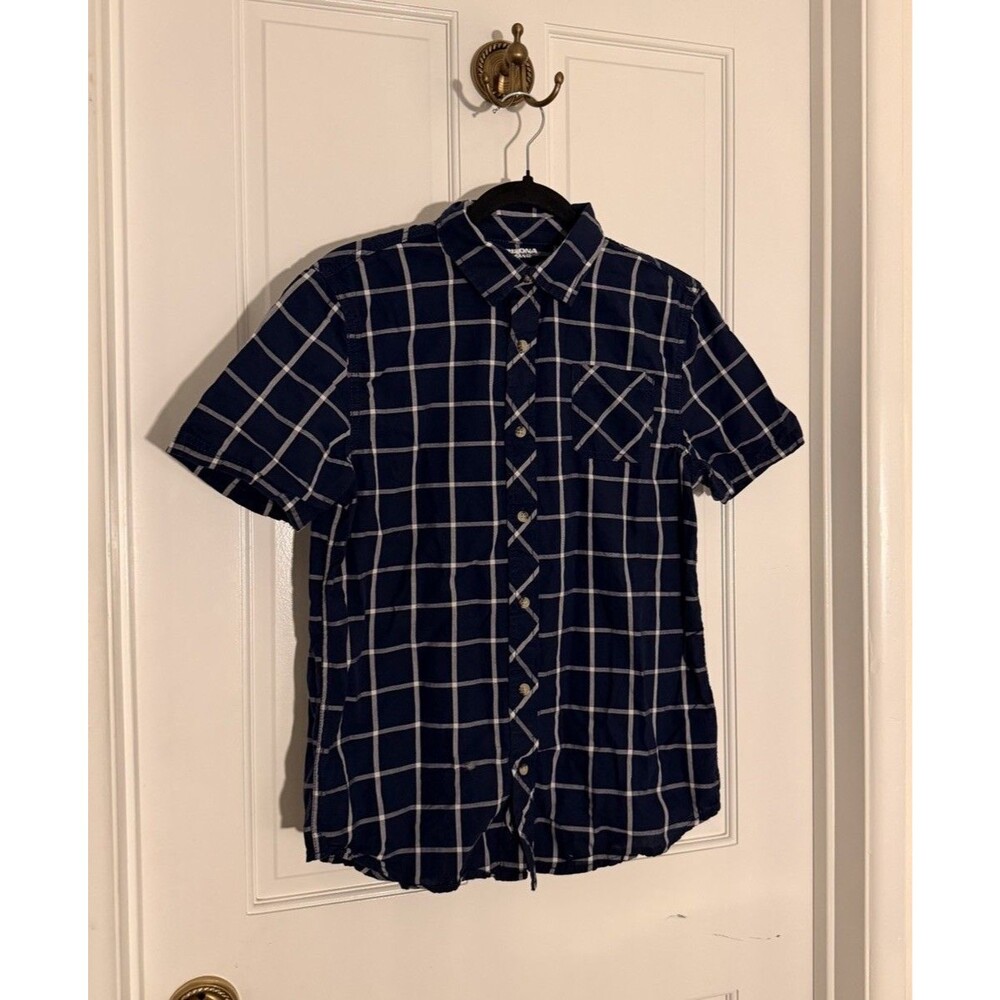 Arizona Jeans Co. Boys Vintage Blue Plaid Short Sleeve Button Up Shirt Size XL